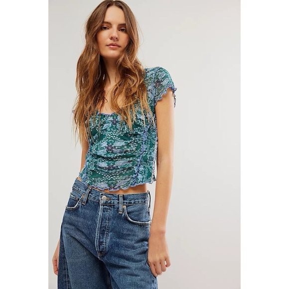 NEW Free People Oh My Baby Tee in Seagrass Combo Fitted Cropped Scoop Neck - Picture 1 of 3